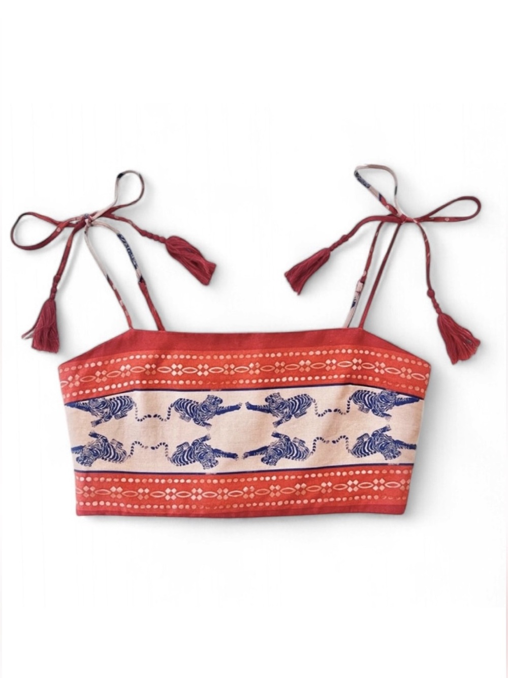 Caroline Costas Anthro Red Linen Tiger Print Smocked Tassel Crop Top large